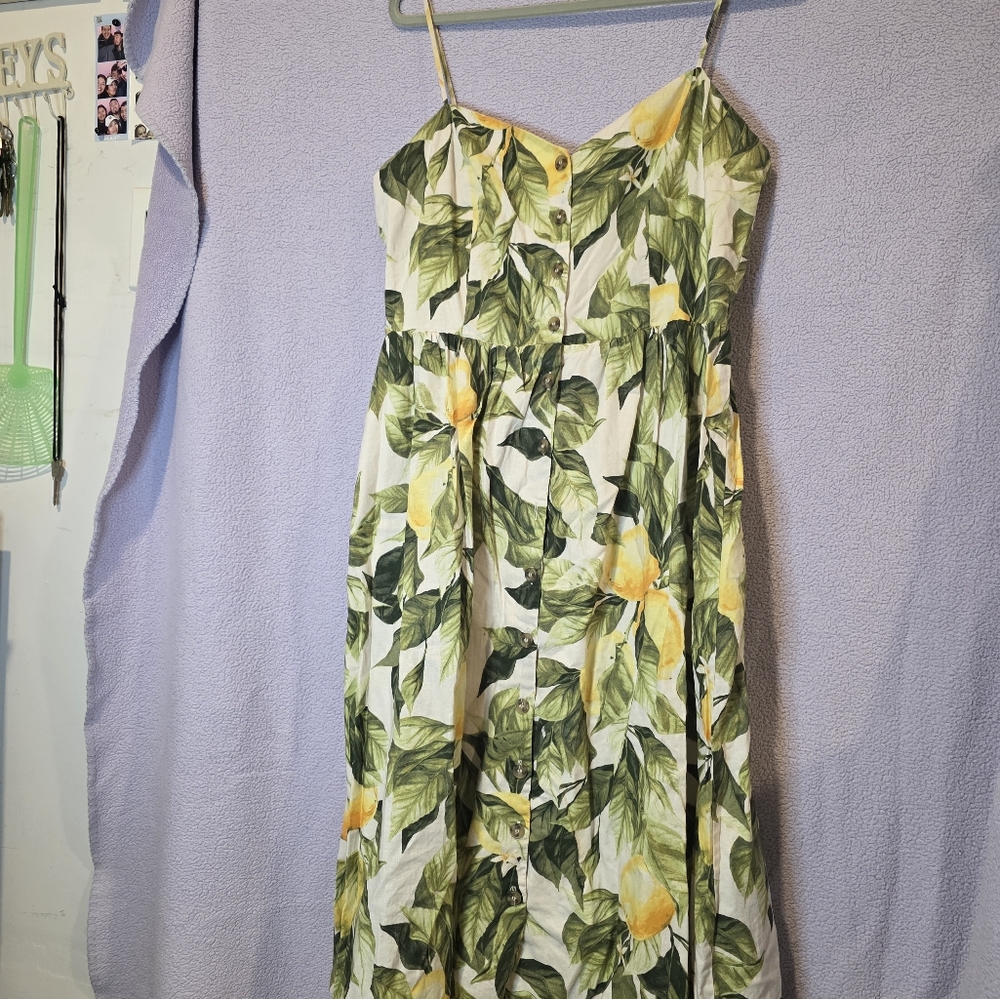 H&M Lemon And Leaf Print Spaghetti Strap Linen Blend Sundress Size M